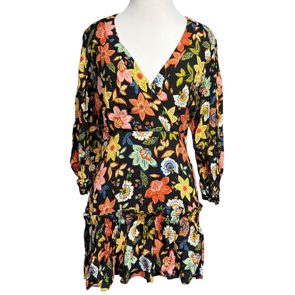 Karlie Floral Mini Dress Black Multicolor 3/4 Sleeve Ruffle Hem Boho Cottagecore